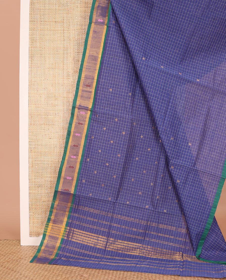 Blue checked and buttas Venkatagiri cotton saree, contrast zari and thread work border, and striped pallu