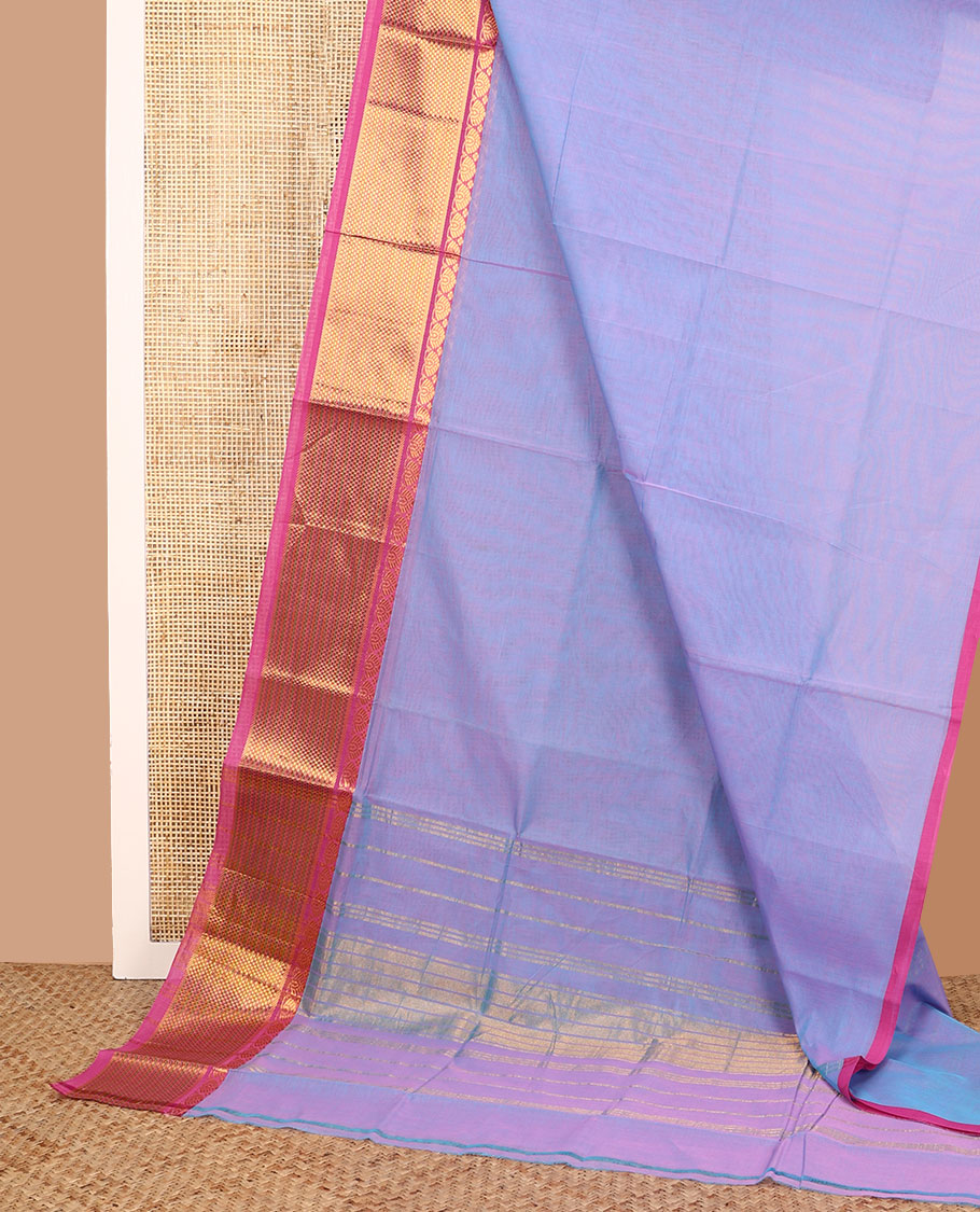 Violet plain Venkatagiri cotton saree with contrast traditional zari border, and pallu of zari stripes