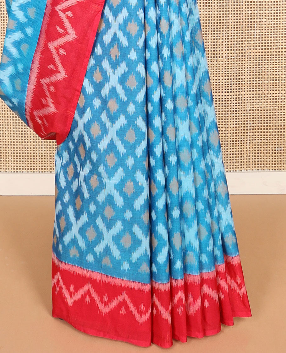 Blue geomtric design ikkat cotton saree with contrast geometric design border & triangle design pallu