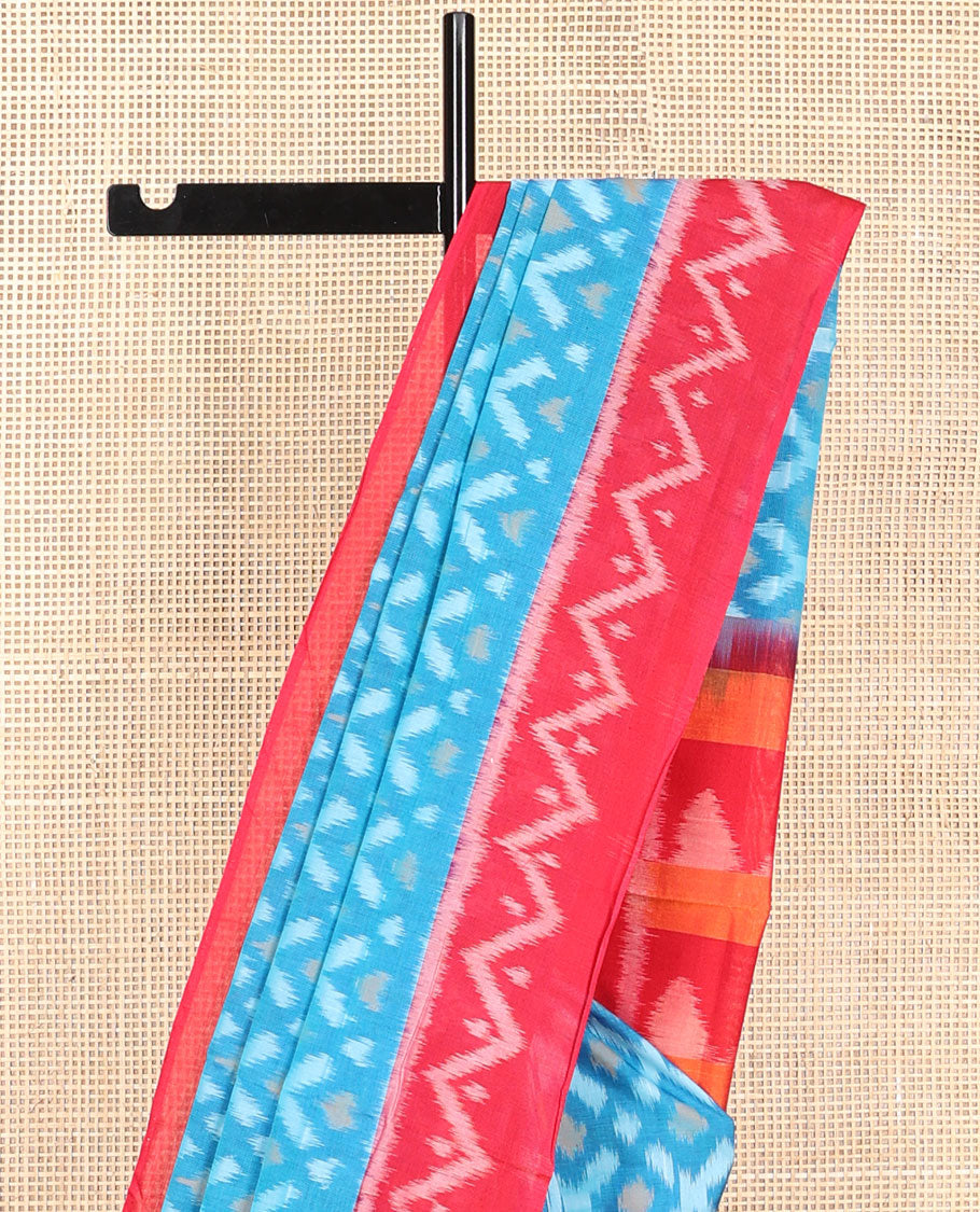 Blue geomtric design ikkat cotton saree with contrast geometric design border & triangle design pallu