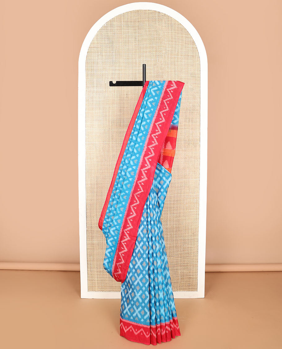 Blue geomtric design ikkat cotton saree with contrast geometric design border & triangle design pallu