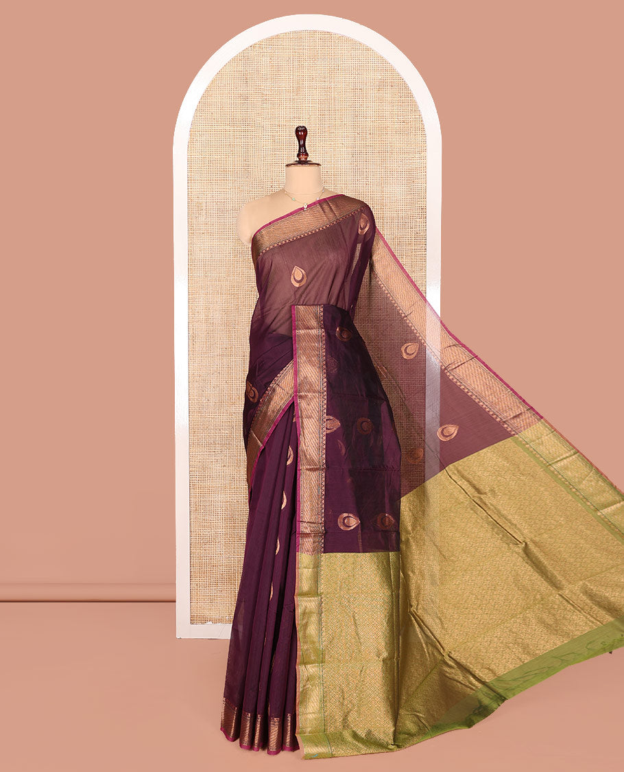Brown Semi-Silk Cotton Saree, Detailed with Drop-Shaped Zari Buttas on Its Body, Complemented by Contrast Traditional Zari Border, Grand Pallu of Jaal Designs, and Paired with a Contrast Blouse