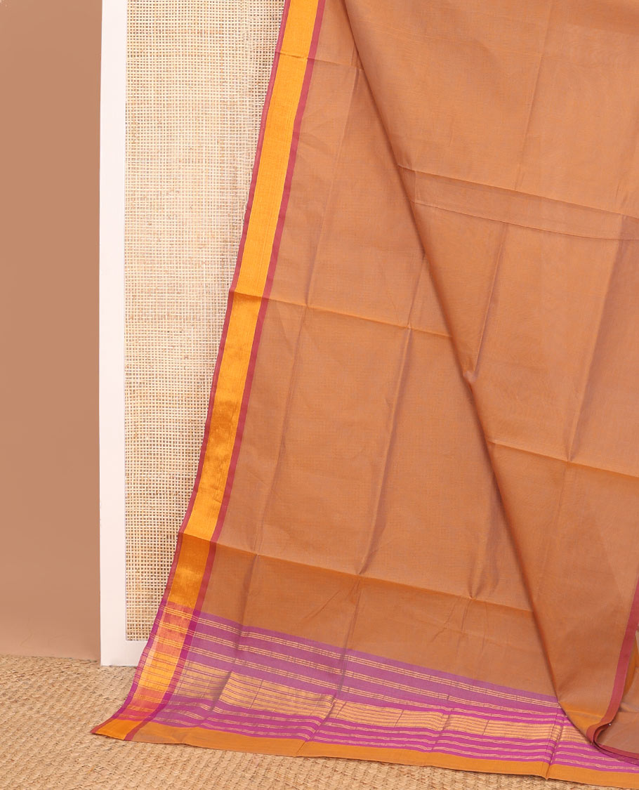 Light brown venkatagiri cotton saree with contrast zari border & striped pallu