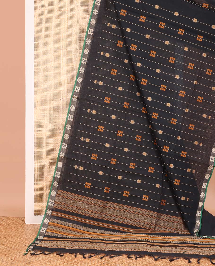 Black floral stripes Coimbatore cotton saree, contrast butta border, and pallu steeped with traditional designs