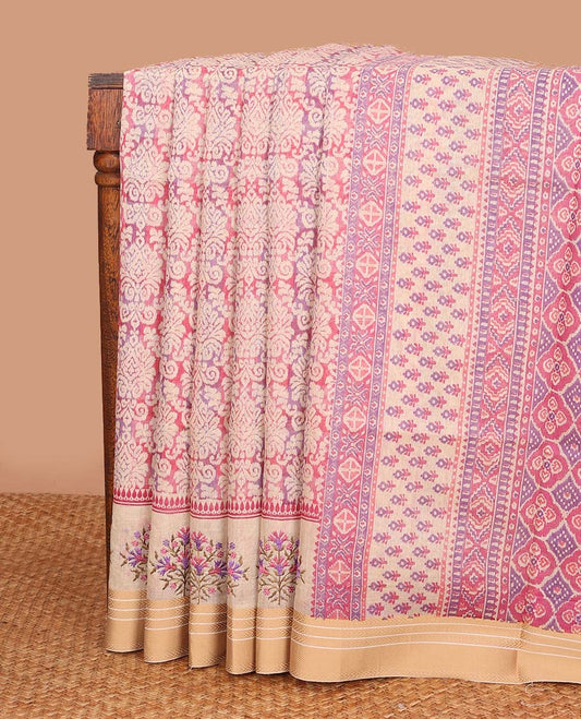 Pink intricately printed chanderi cotton saree, contrast traditional motifs with thread embroidered floral bouquet, and printed pallu