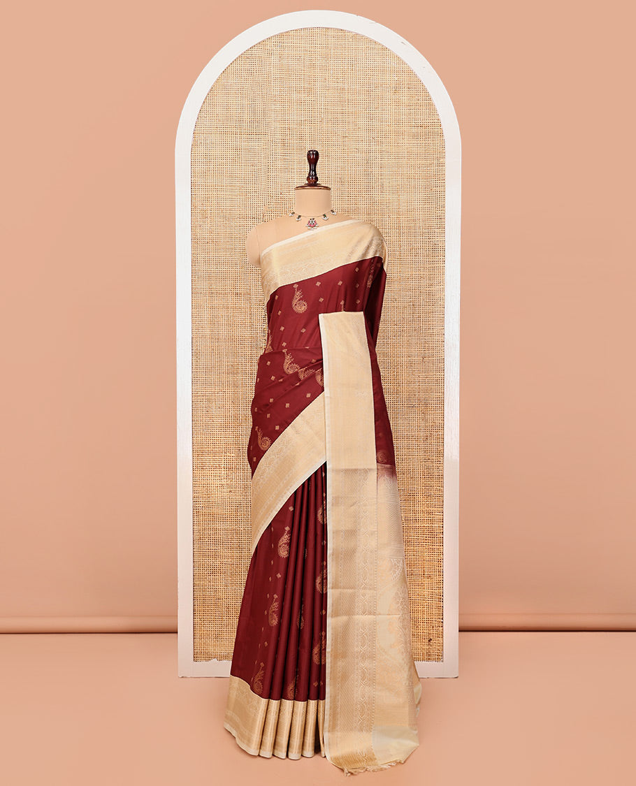 Maroon-Cream Budget Silk Saree, Adorned with Kolam and Floral Buttas, a Contrast Traditional Zari Border, Grand Pallu, and a Contrast Blouse