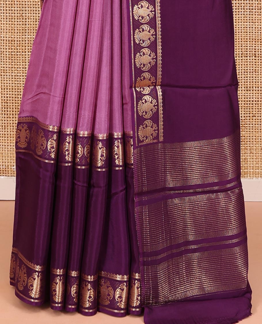 Onion Pink Plain Dola Silk Saree, Complemented by Contrast Rettai Pettu Ganda Berunda Motifs, Zari Border, Gleaming Zari Striped Pallu, and Paired with a Contrast Blouse
