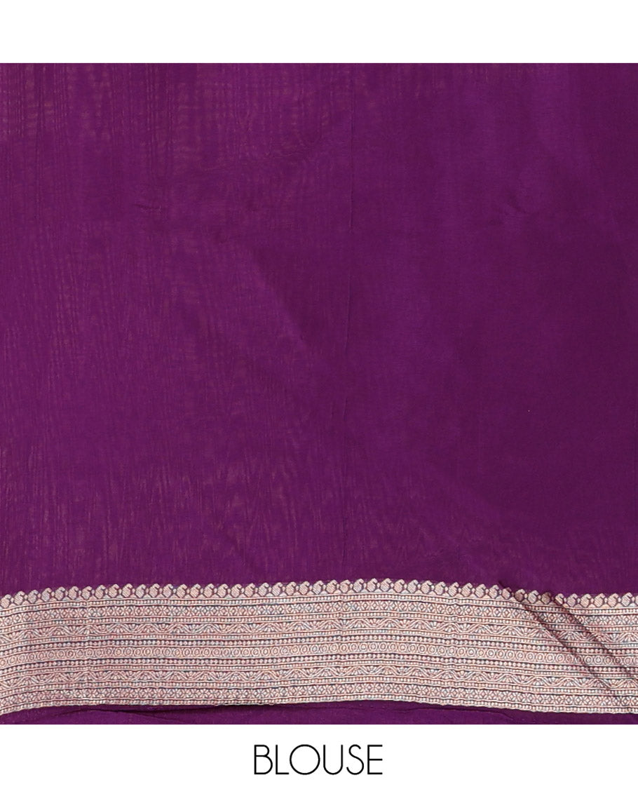 Purple Russian Dola Silk Saree, Meticulously Crafted with Zari Zig-Zag Jacquard on Its Body, Highlighted by Zari Buttas Woven Satin Border, Intricately Designed Pallu, and Paired with a Matching Blouse