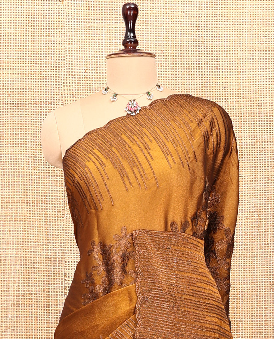 Mustard Iconic Blooming Saree Features Floral Copper-Thread Embroidery Border, and Matching Blouse