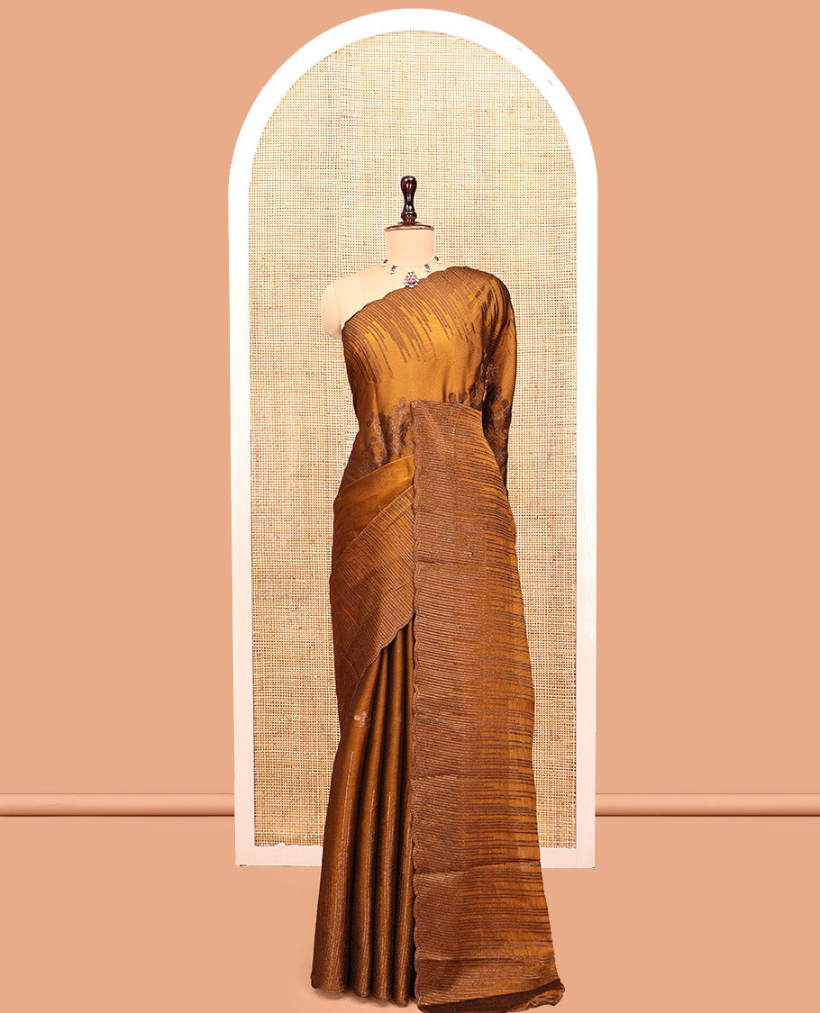 Mustard Iconic Blooming Saree Features Floral Copper-Thread Embroidery Border, and Matching Blouse