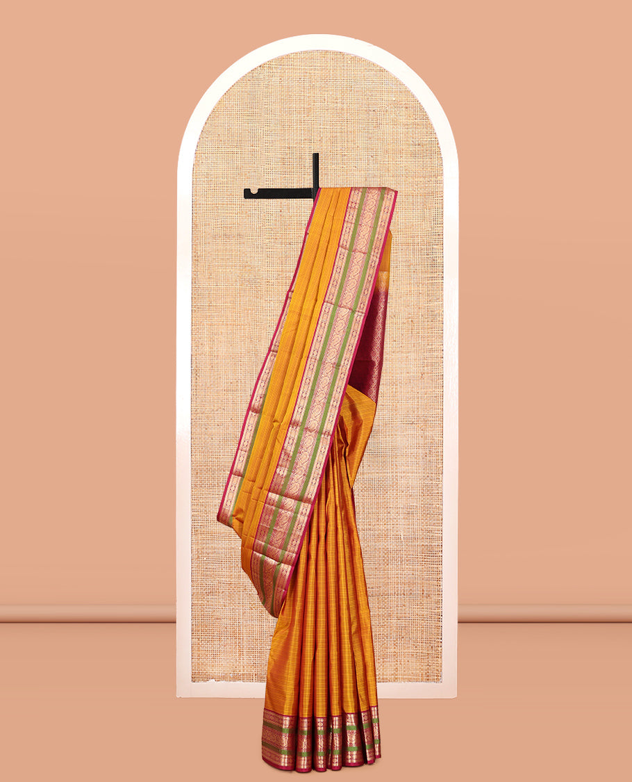 Mustard Striped Vasundhara Silk Saree, Contrast Traditional Border, Jaal Pallu, and Contrast Blouse