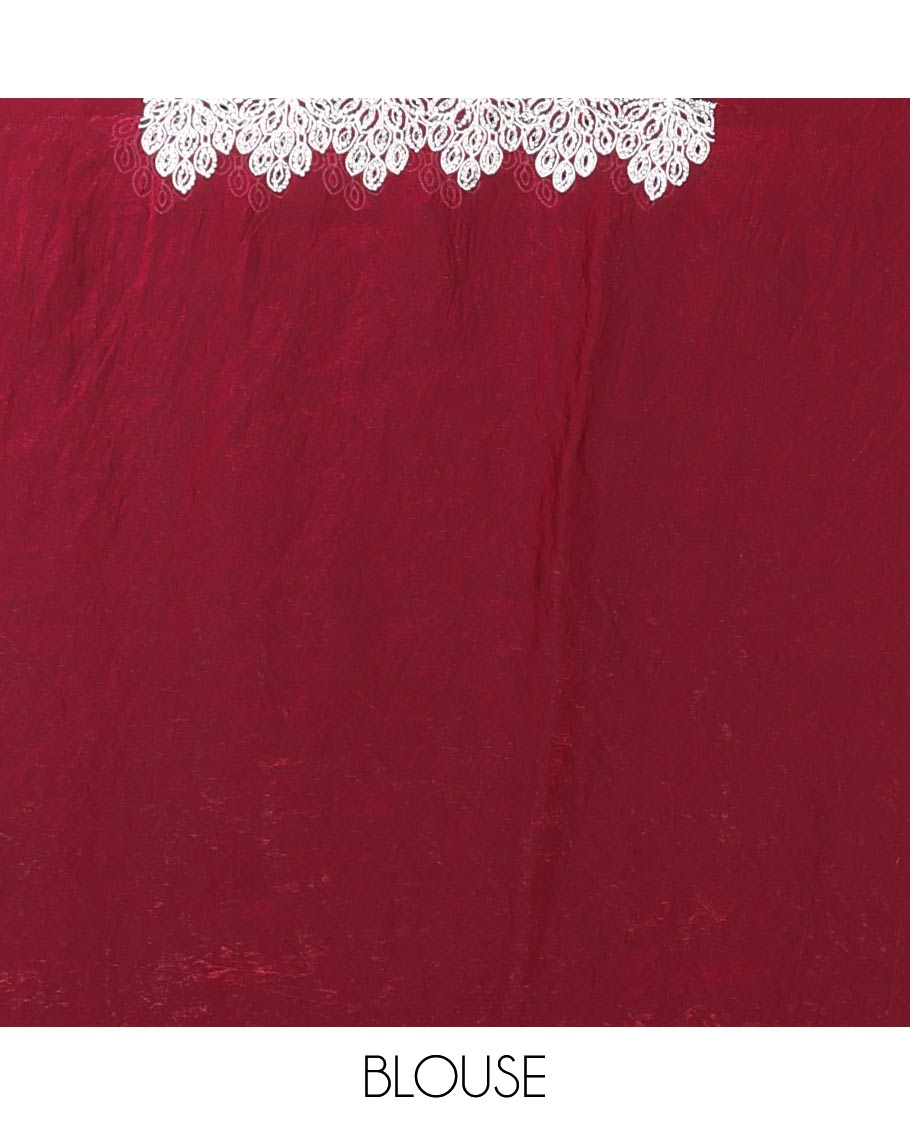 Maroon designer saree with silver embroidery thread, intricate motifs & scallop embroidery boder