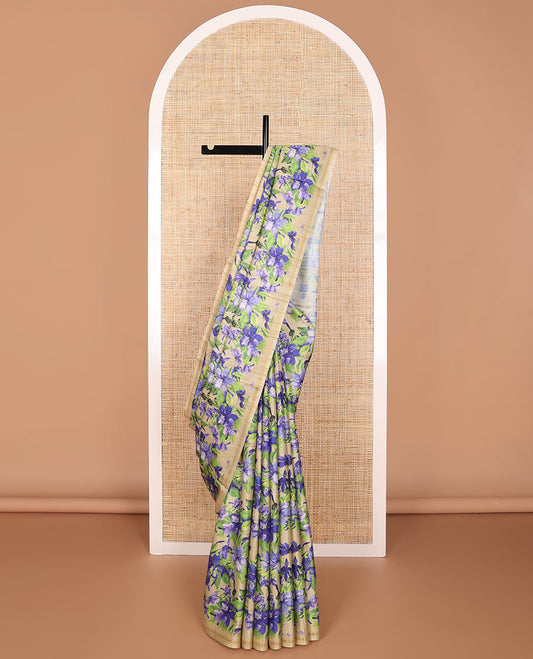 Light brown floral print kamala silk saree with self border &  plain blouse
