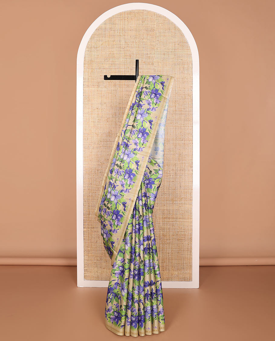 Light brown floral print kamala silk saree with self border & plain blouse