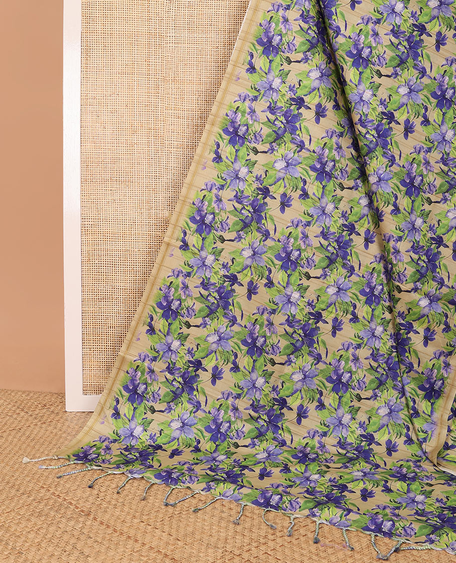 Light brown floral print kamala silk saree with self border & plain blouse