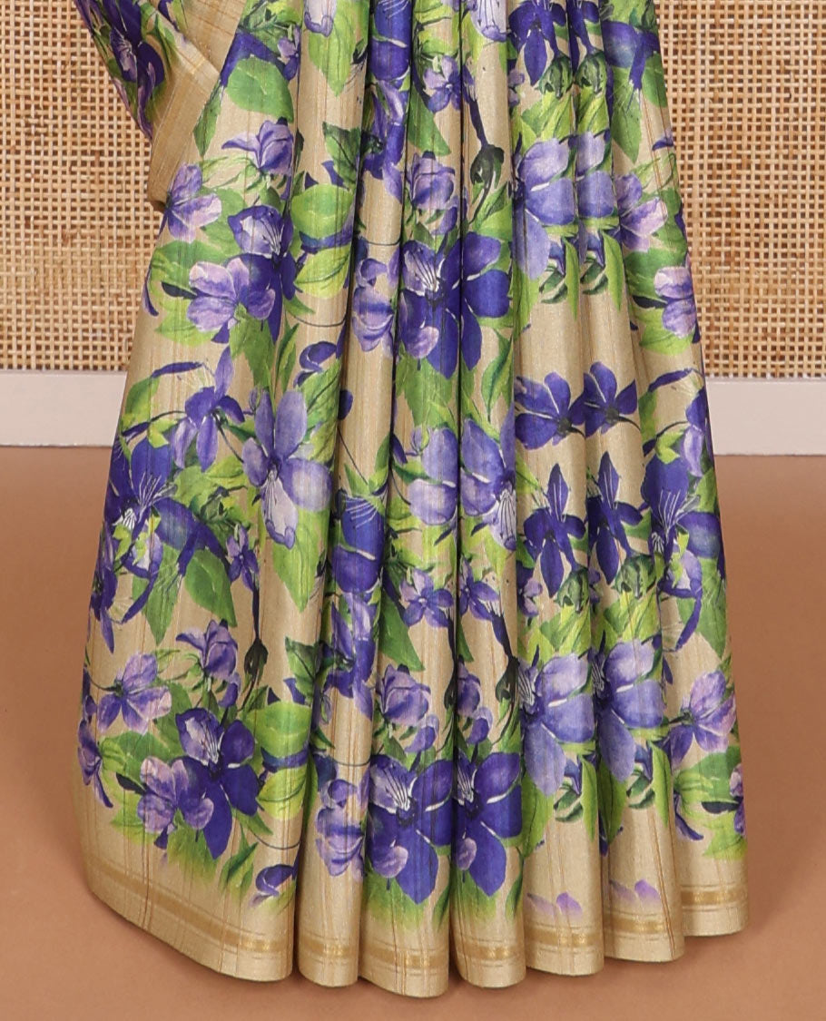 Light brown floral print kamala silk saree with self border & plain blouse