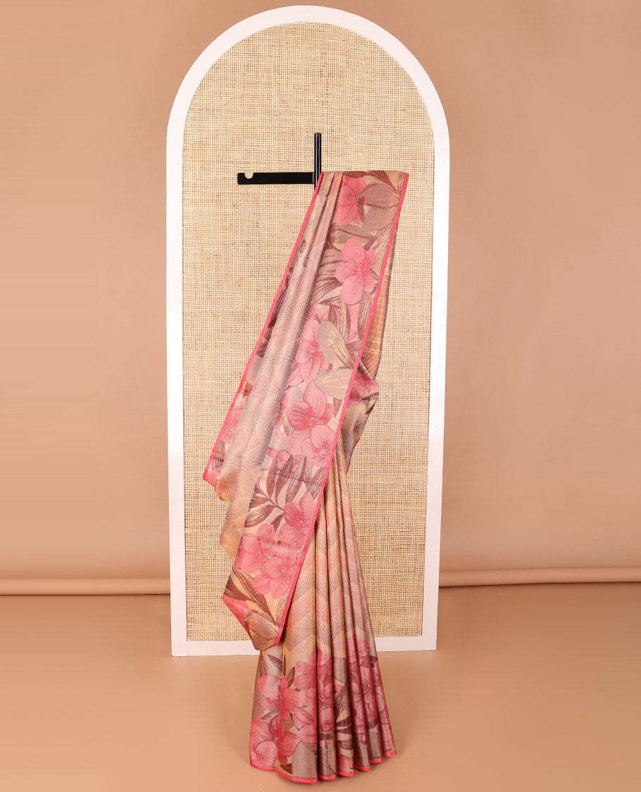 Sandal geometric design kanchipuram designer silk saree with self floral design border & geometric design pallu