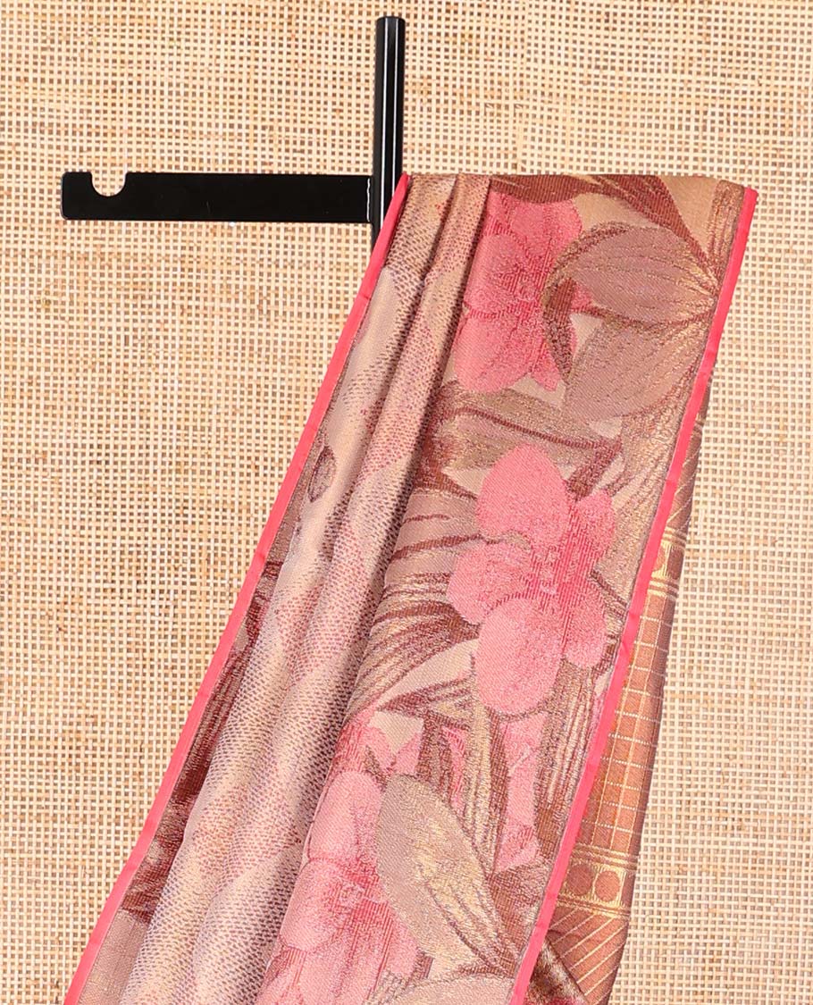 Sandal geometric design kanchipuram designer silk saree with self floral design border & geometric design pallu