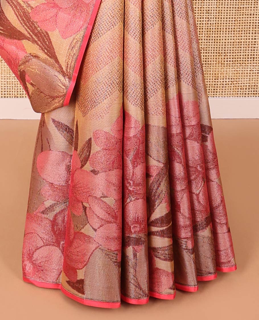 Sandal geometric design kanchipuram designer silk saree with self floral design border & geometric design pallu