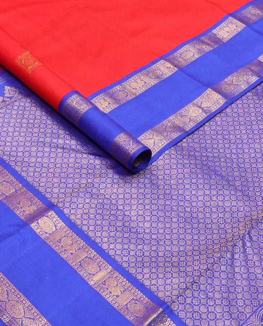 Red buttas kancheepuram silk saree with contrast rettai pettu border of poo chakram, mayil design & floral design pallu