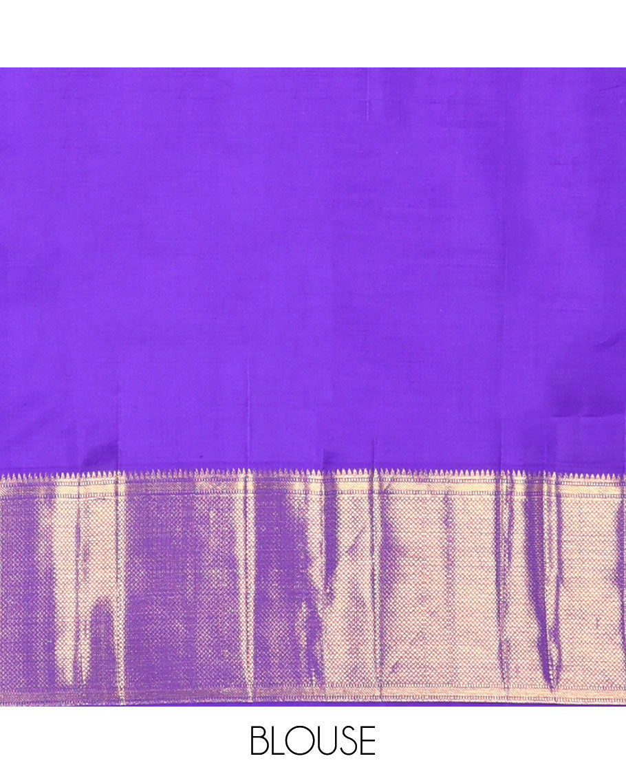 Blue jacquard silk saree, zari border of rekku, muthu, banaras & mayil kann & zari-rich pallu of jaal design