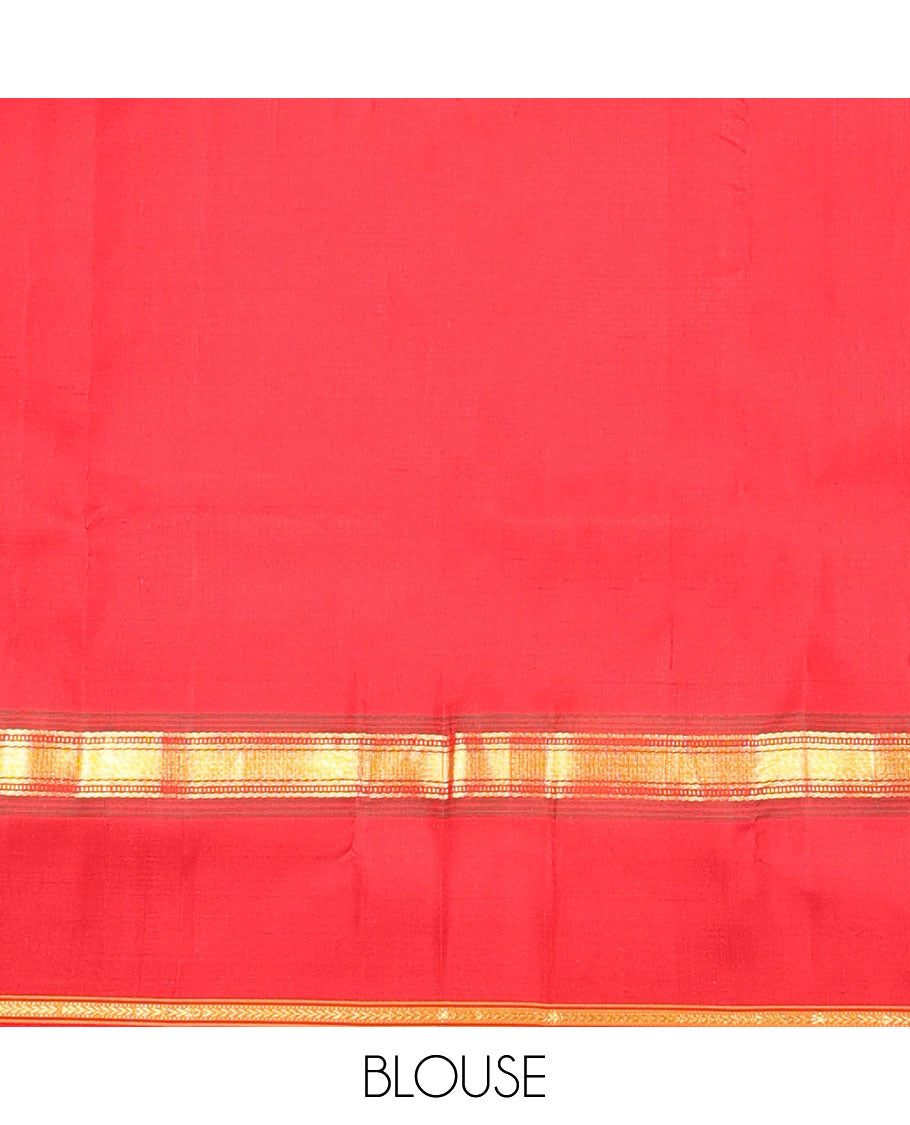 Orange micro-checked kanchipuram silk saree, contrast thazampoo rekku rettai pettu border of muthu & kathir designs & pillaiyar mokku pallu