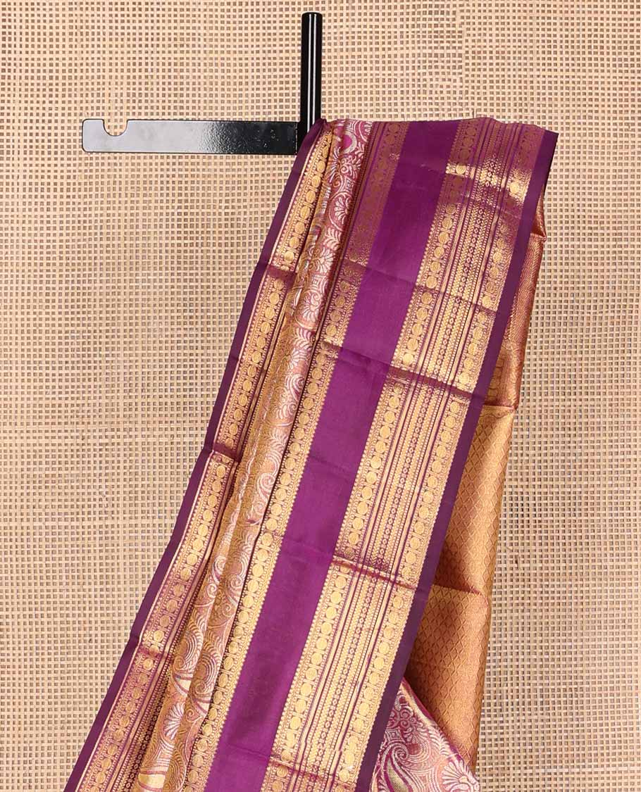 Pink jacquard tissue silk saree, contrast rettai pettu border of muthu, diamond, banaras & rudraksham designs & jaal pallu
