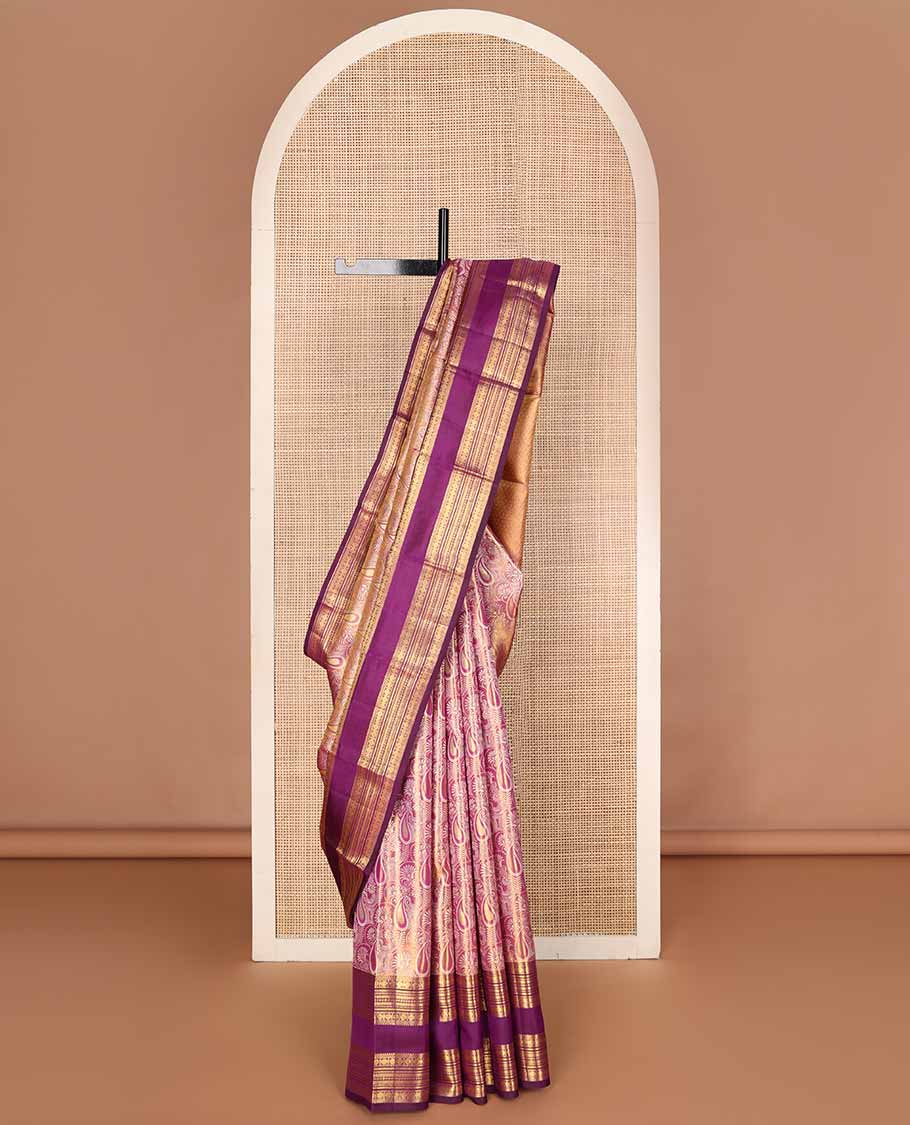 Pink jacquard tissue silk saree, contrast rettai pettu border of muthu, diamond, banaras & rudraksham designs & jaal pallu