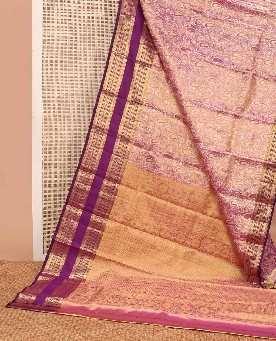 Pink jacquard tissue silk saree, contrast rettai pettu border of muthu, diamond, banaras & rudraksham designs & jaal pallu