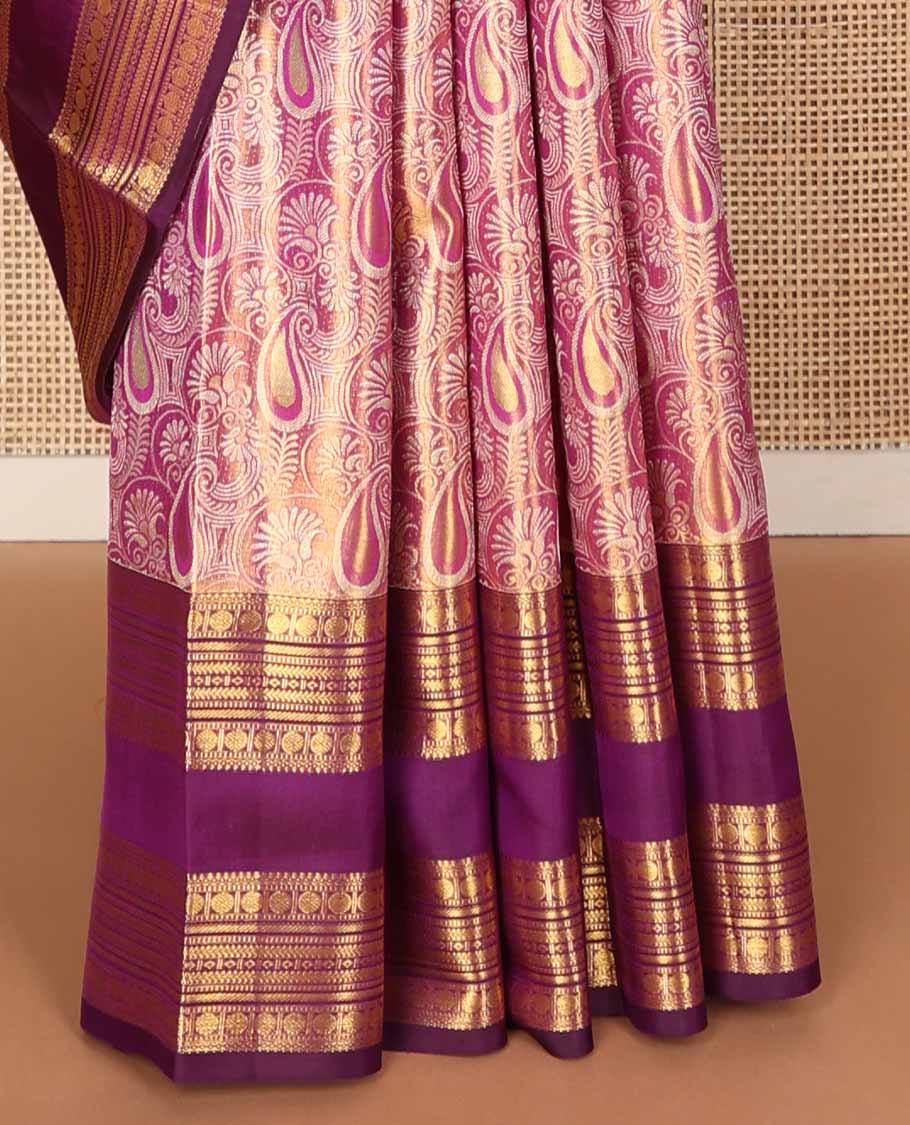 Pink jacquard tissue silk saree, contrast rettai pettu border of muthu, diamond, banaras & rudraksham designs & jaal pallu