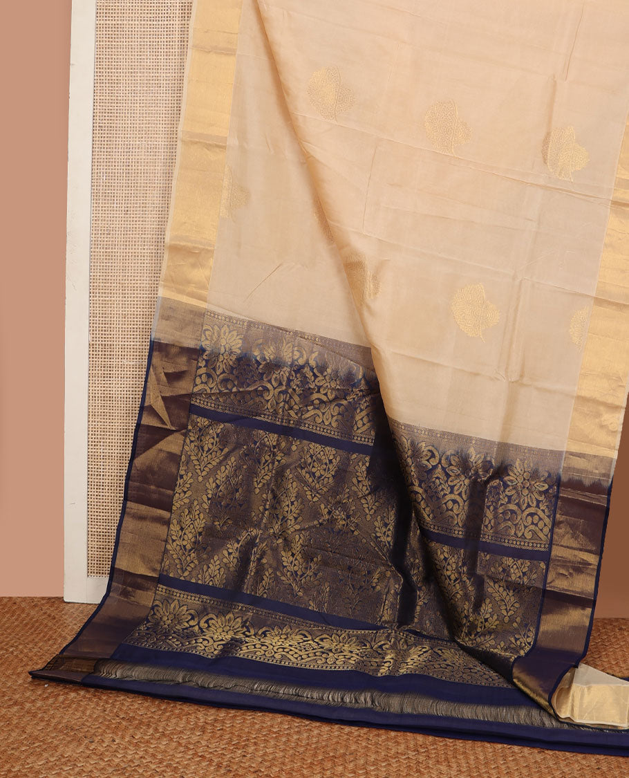 Sandal zari buttas Kanchipuram silk saree, bavanji border & contrast pallu of floral designs