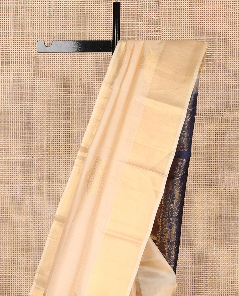 Sandal zari buttas Kanchipuram silk saree, bavanji border & contrast pallu of floral designs
