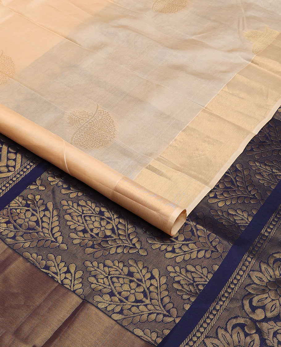 Sandal zari buttas Kanchipuram silk saree, bavanji border & contrast pallu of floral designs