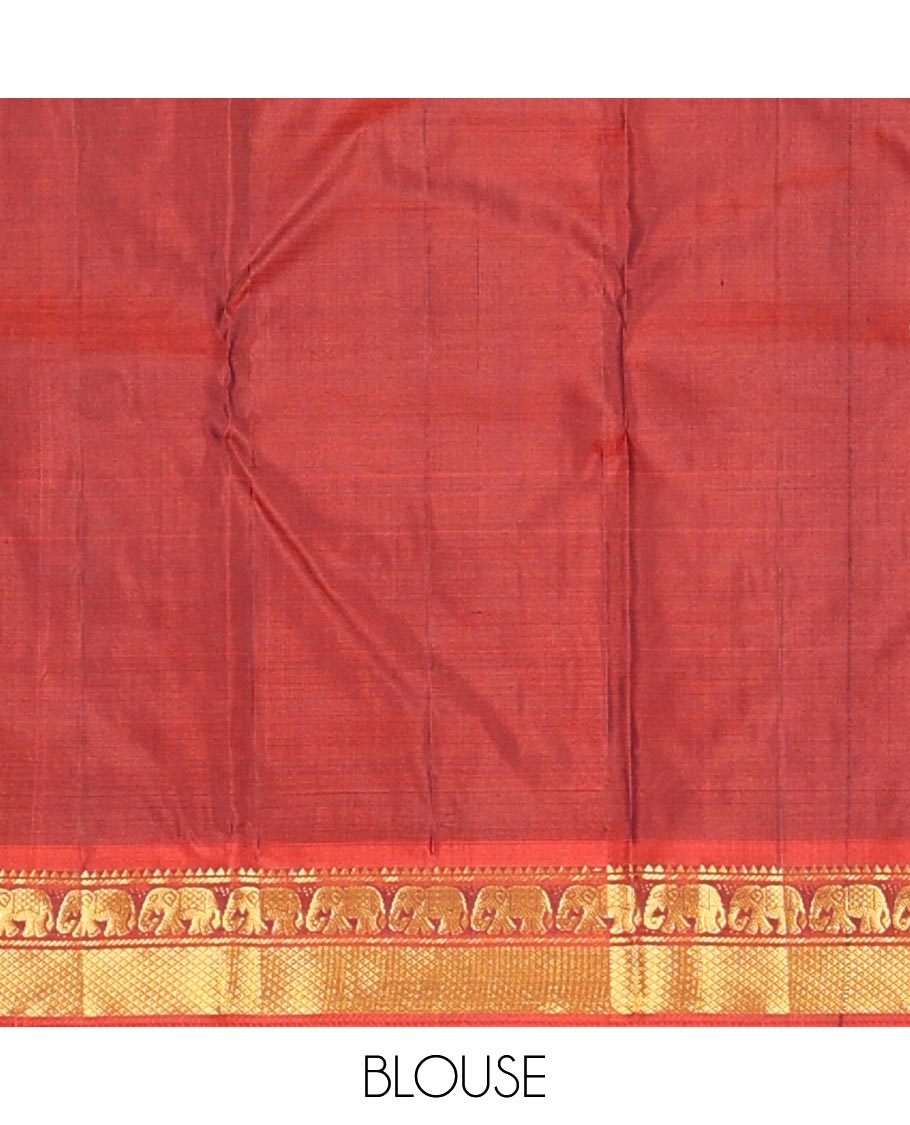 Chocolate brown plain silk saree, contrast border of rekku,banaras,mayil & mayil kann designs & zari striped pallu