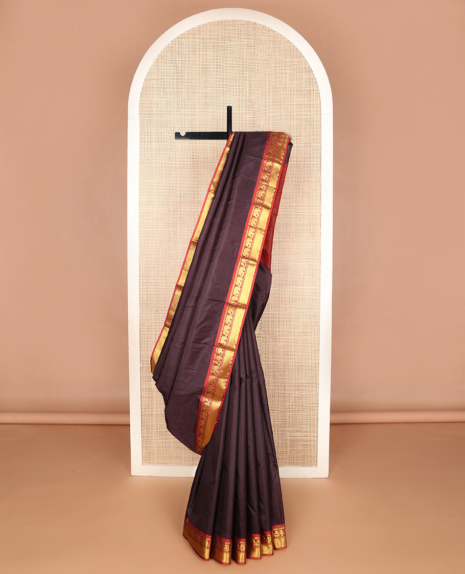 Chocolate brown plain silk saree, contrast border of rekku,banaras,mayil & mayil kann designs & zari striped pallu