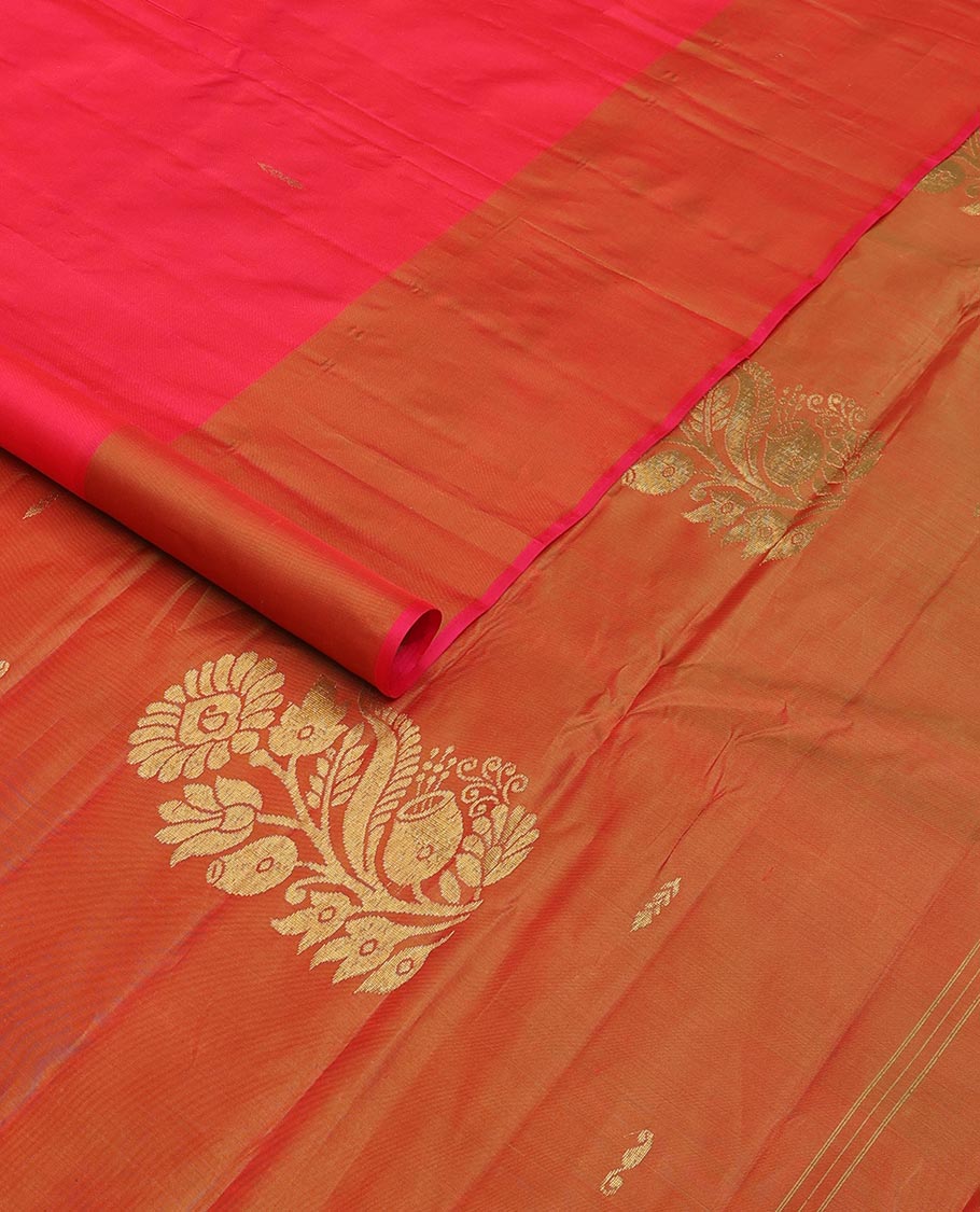 Pink zari buttas Kanchipuram silk saree, contrast peacock and floral zari border, and pallu of floral designs