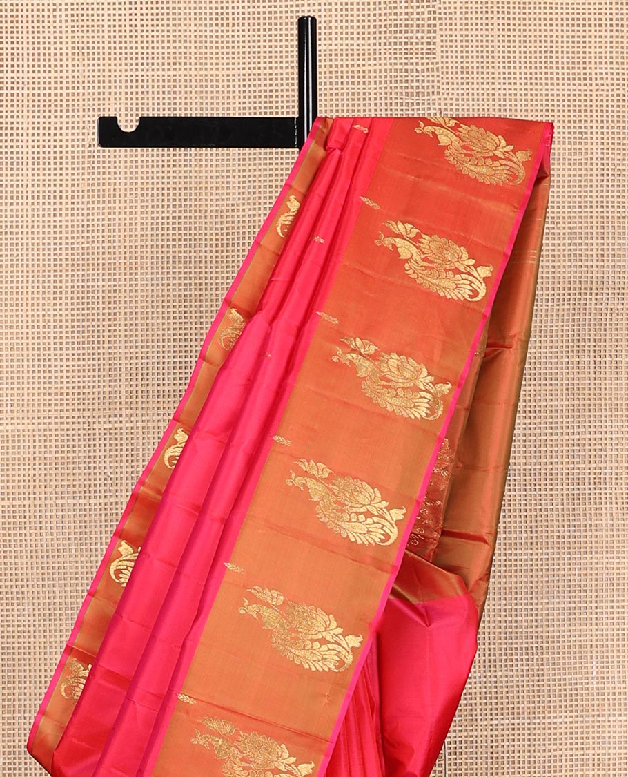 Pink zari buttas Kanchipuram silk saree, contrast peacock and floral zari border, and pallu of floral designs