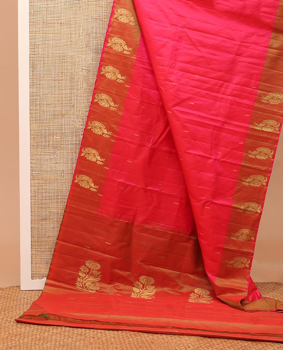 Pink zari buttas Kanchipuram silk saree, contrast peacock and floral zari border, and pallu of floral designs
