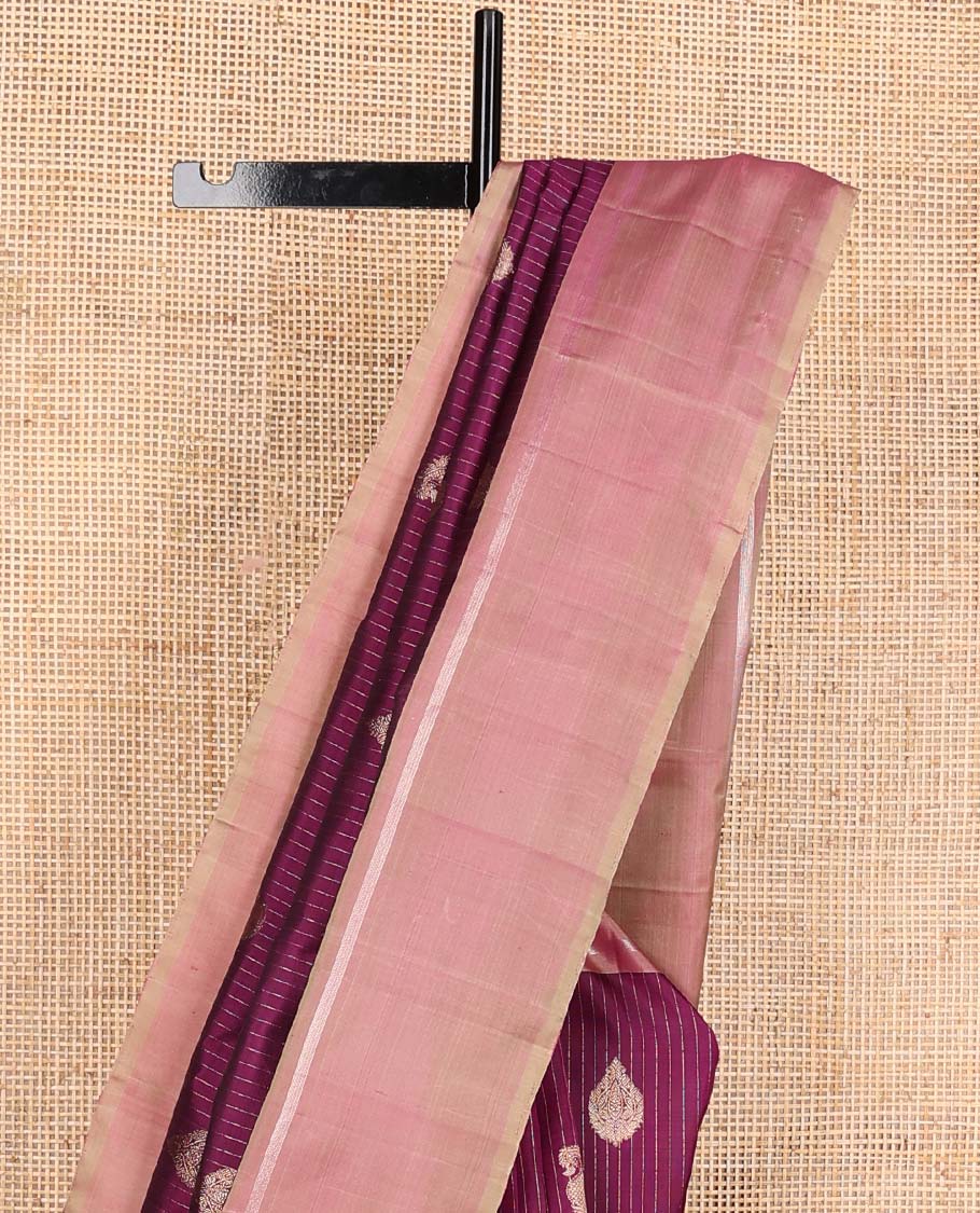Purple zari buttas and striped Kanchipuram silk saree, contrast zari striped border, and contrast pallu of jaal design