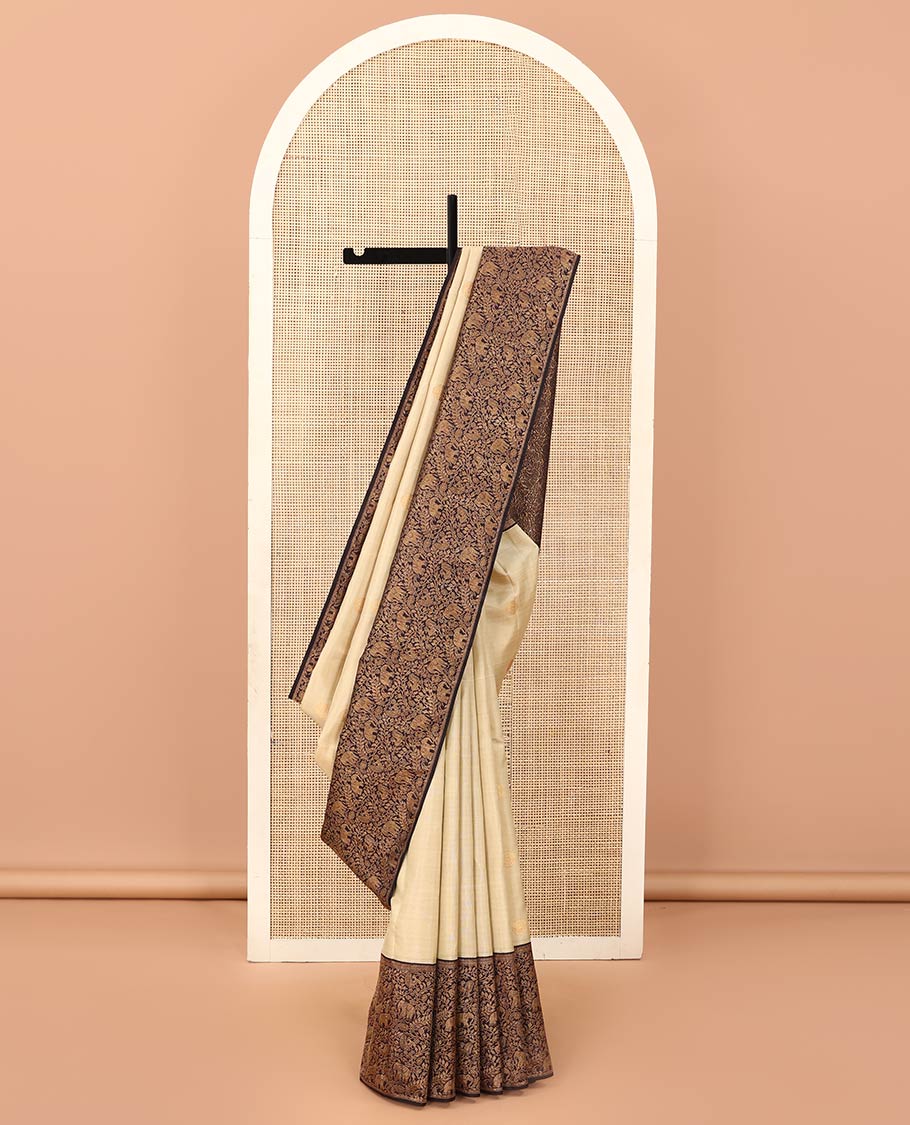 Blue checked Kanchipuram designer saree, big marigold floral motifs woven border, and intricate pallu