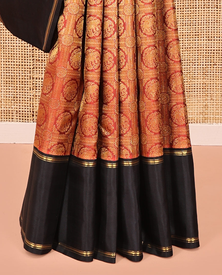 Red Kanchipuram Designer Silk Saree, Gracefully Embellished with Elephant Enclosed Checks On Its Body, Complemented by Contrast Rettai Pettu Zari Striped Border, Grand Jaal Pallu and Paired with a Contrast Blouse