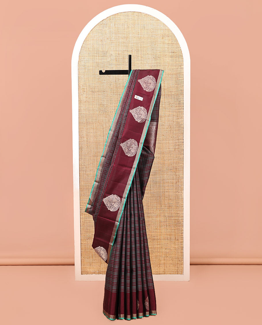 Maroon Checked Kanchipuram Silk Saree, a Self-Border of Unique Motifs, Grand Jaal Pallu, and a Matching Blouse