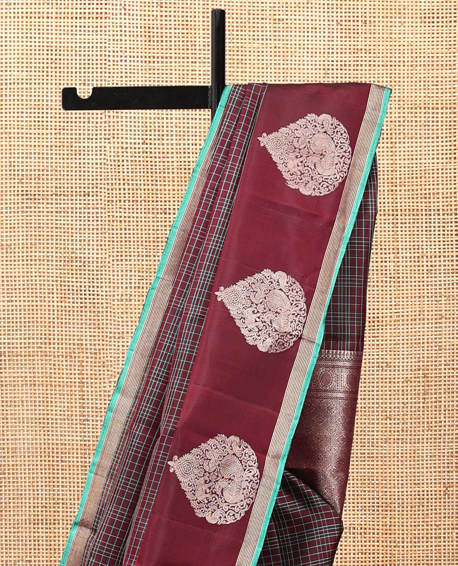 Maroon Checked Kanchipuram Silk Saree, a Self-Border of Unique Motifs, Grand Jaal Pallu, and a Matching Blouse