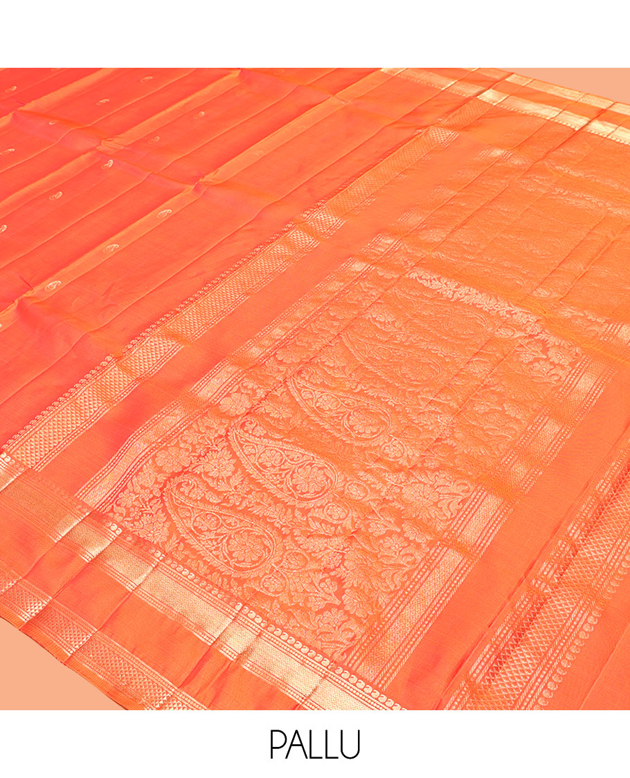 Orange Kanchipuram Silk Saree, Ornamented with Manga Buttas, Highlighted By Zari Rettai Pettu Border of Manga, Banaras, Mayil Kann, and Arai Maadam Design, Grand Pallu, and a Matching Blouse