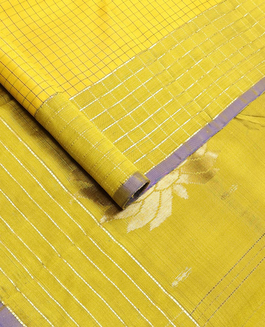 Light green checked kancheepuram silk saree with contrast checked border & floral design pallu