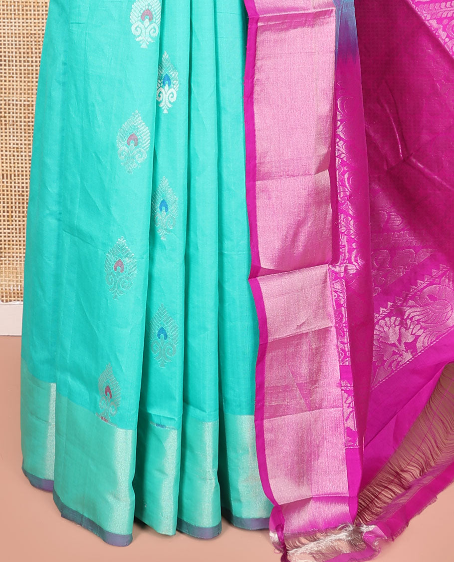 Turquoise Kuppadam Cotton Saree, Sparsely Woven with Meena Buttas All Over Its Body, Complemented by a Bavanji Border, Majestically Detailed Pallu, and Paired with a Contrast Blouse