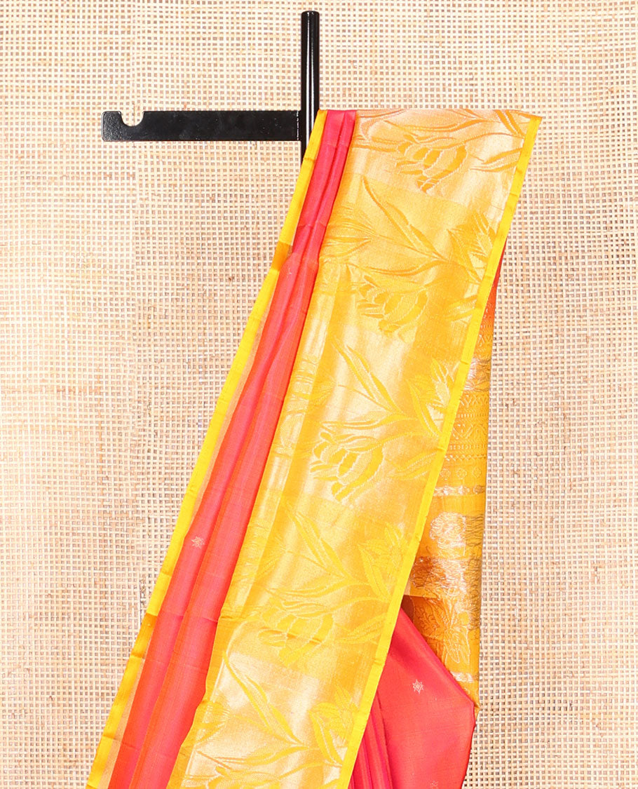 Red buttas mayuri soft silk saree with contrast floral design border & floral design pallu