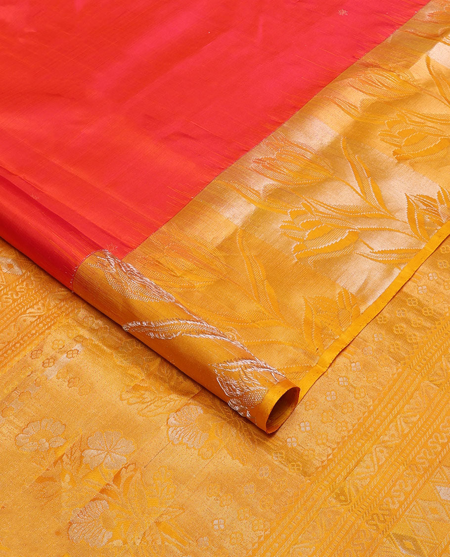 Red buttas mayuri soft silk saree with contrast floral design border & floral design pallu