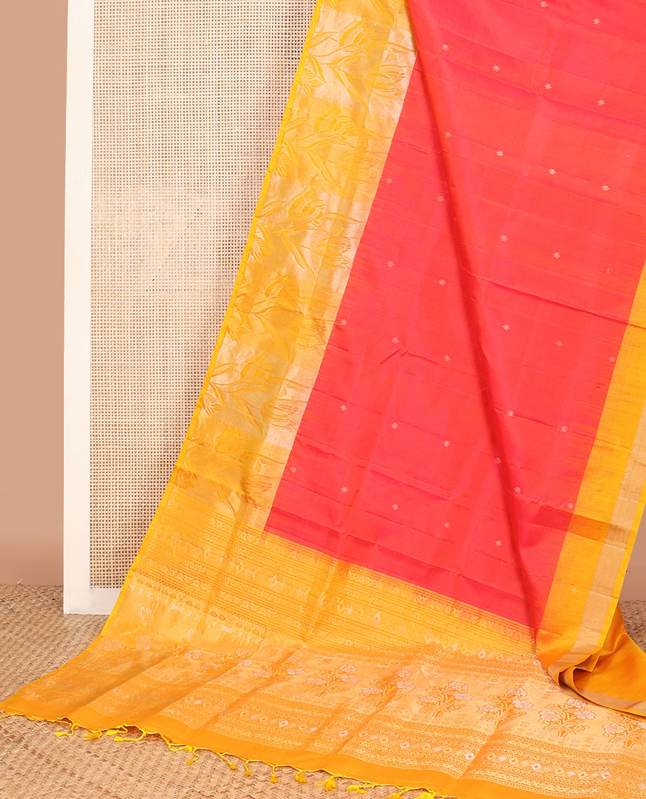 Red buttas mayuri soft silk saree with contrast floral design border & floral design pallu