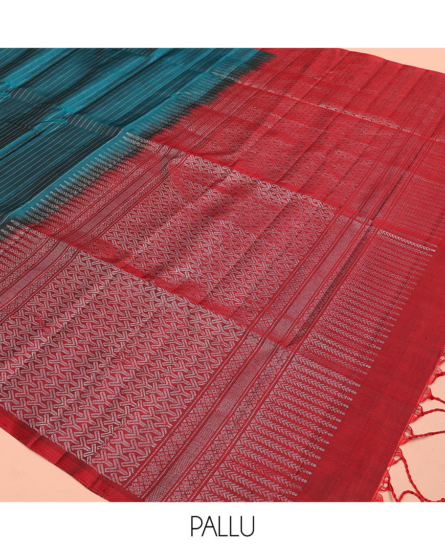 Blue muthu striped soft silk saree, contrast tree motifs border, and pallu of geometric patterns